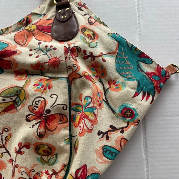 Lucky Brand Large Floral Bird Canvas Hobo Bag Tote Purse Bright Colorful VGUC - Picture 5 of 16